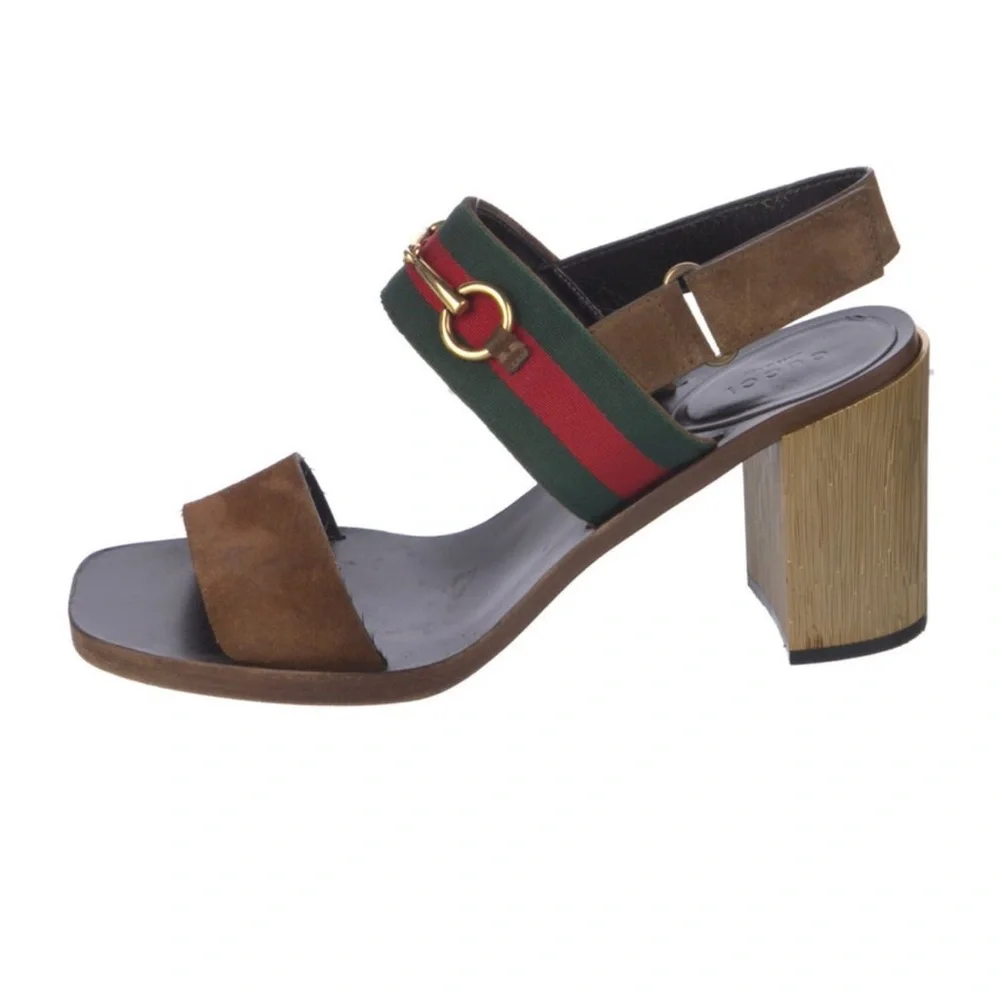 Gucci Slingback Block Heel Sandal with Signature Accent - Brown/Green/Red - Picture 2 of 5
